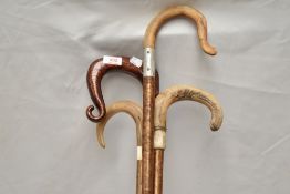 Four shepherds crook style walking sticks of varying lengths from 118cm-138cm