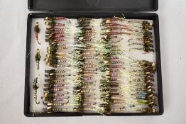 A pocket box of fishing flies containing approximately 90 flies. Special Midge pupas