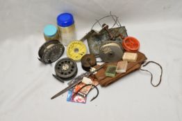 A small box of assorted vintage fishing tackle including line dryer, Hooks, Line, two fly reels