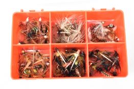 A pocket box of approximately 100 fishing flies. Mixed spiders double and singles