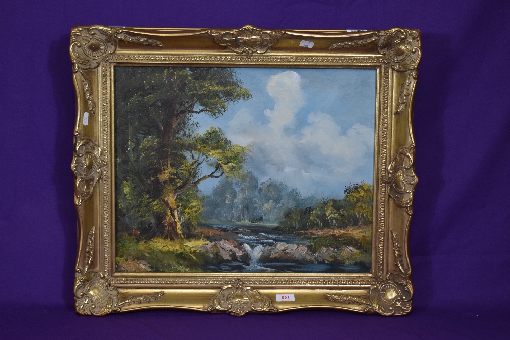 British School, oil on canvas, An attractive landscape depicting a river flowing over rocks within a - Image 2 of 4