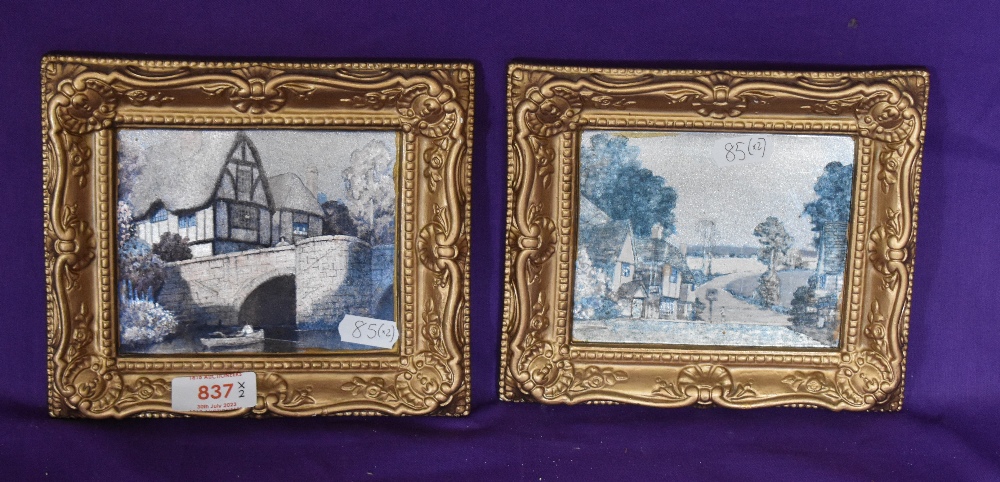 Artist Unknown, two decorative porcelain moulded tiles with printed scenes displayed within gilt - Image 2 of 4