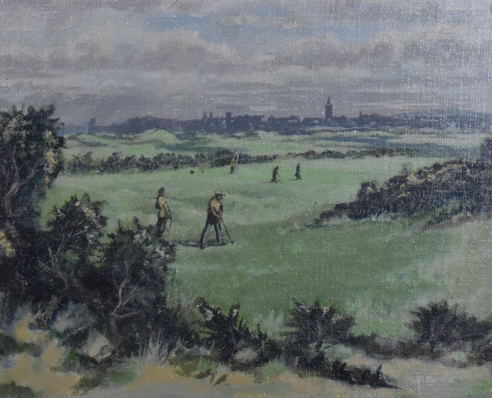 R.Todd (20th Century, Scottish), oil on canvas mounted on board, A golfing scene with a town skyline