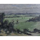 R.Todd (20th Century, Scottish), oil on canvas mounted on board, A golfing scene with a town skyline