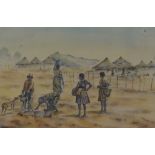 20th Century African School, watercolour, African Water Carriers, indistinctly signed to the lower