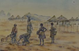 20th Century African School, watercolour, African Water Carriers, indistinctly signed to the lower