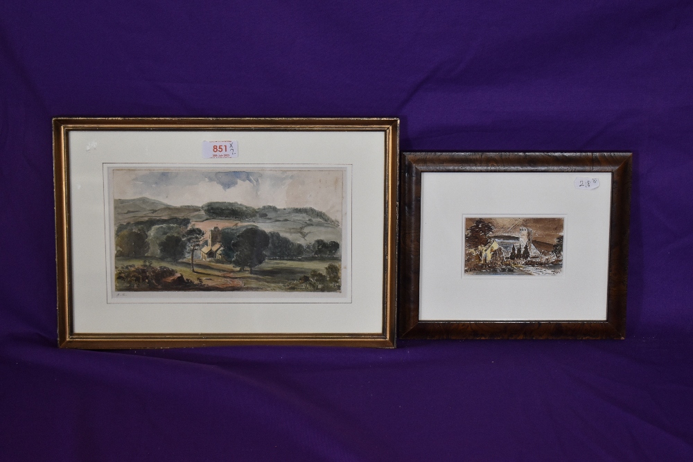 An early 20th century watercolour sketch, rural church scene, mounted and initialled A.E in pencil - Image 2 of 5