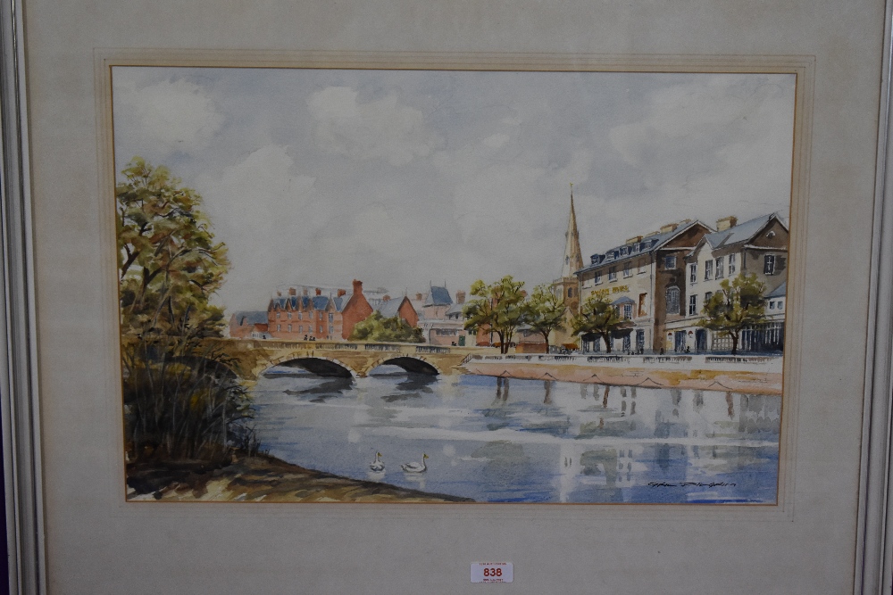 Cyril Pilgrim (British 1920-2013) watercolours, river scene with bridge, Swan Hotel and church - Image 2 of 4