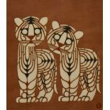 After Inagaki Toshijiro (Japanese, 1902-1963), a Japanese woodblock print, Two tigers, monogram