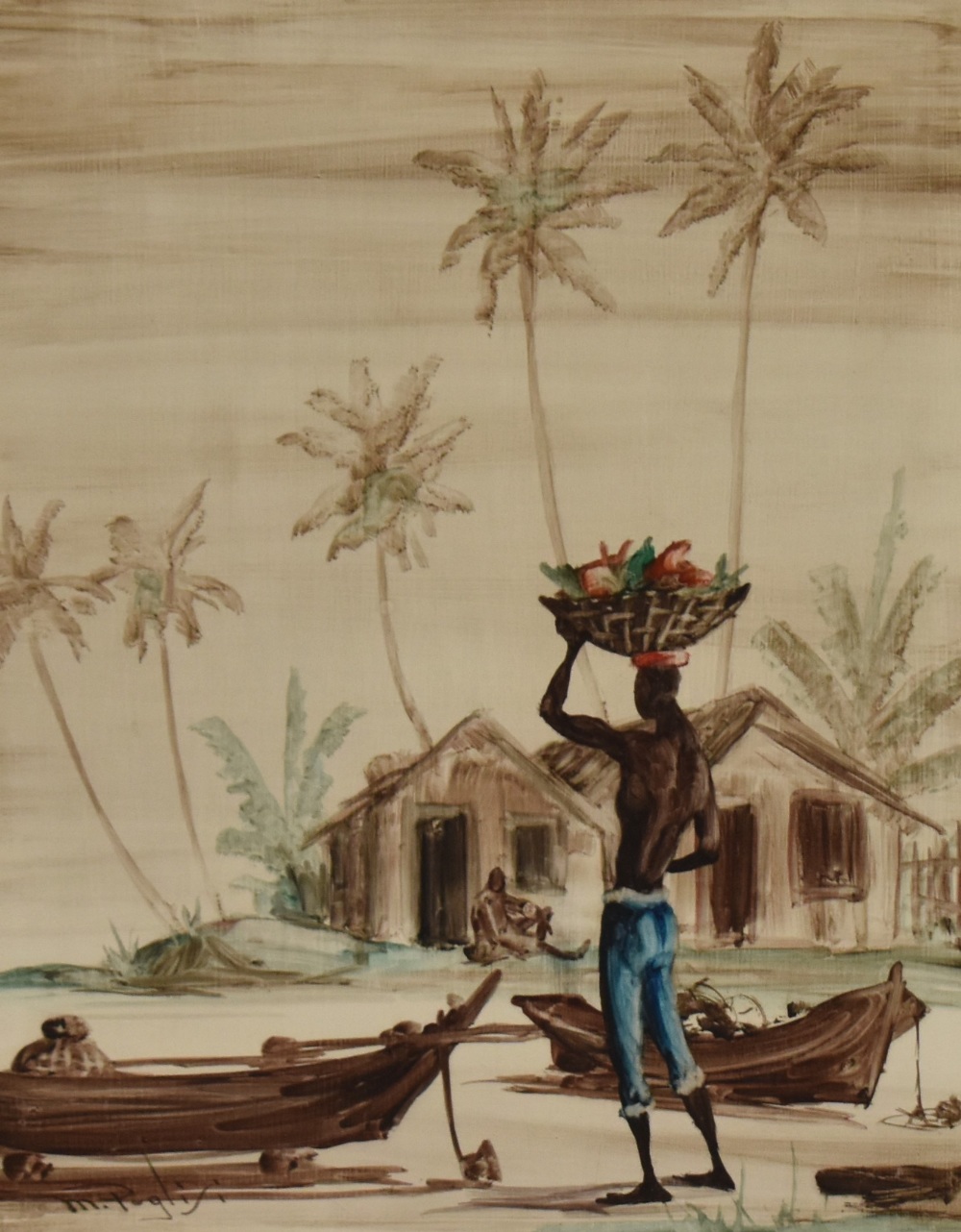 Maximo Puglisi, painting on board, Untitled, An African scene depicting a man carrying a basket of