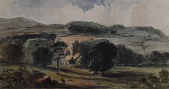 An early 20th century watercolour sketch, rural church scene, mounted and initialled A.E in pencil