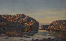 A mid-late 20th century colour print, natural harbour scene with rowing boat, framed and glazed 58cm