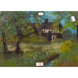 20th Century British School, oil impasto on board, Tudor style country house with garden and