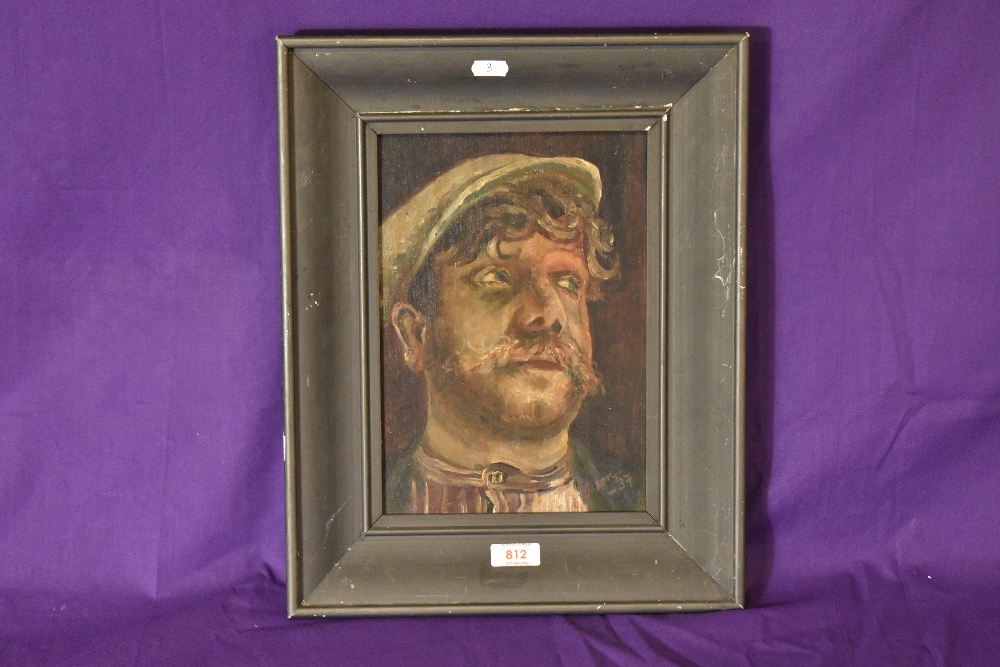 20th Century British School, oil on board, A portrait of a gentleman wearing a flatcap, indistinctly - Image 2 of 4