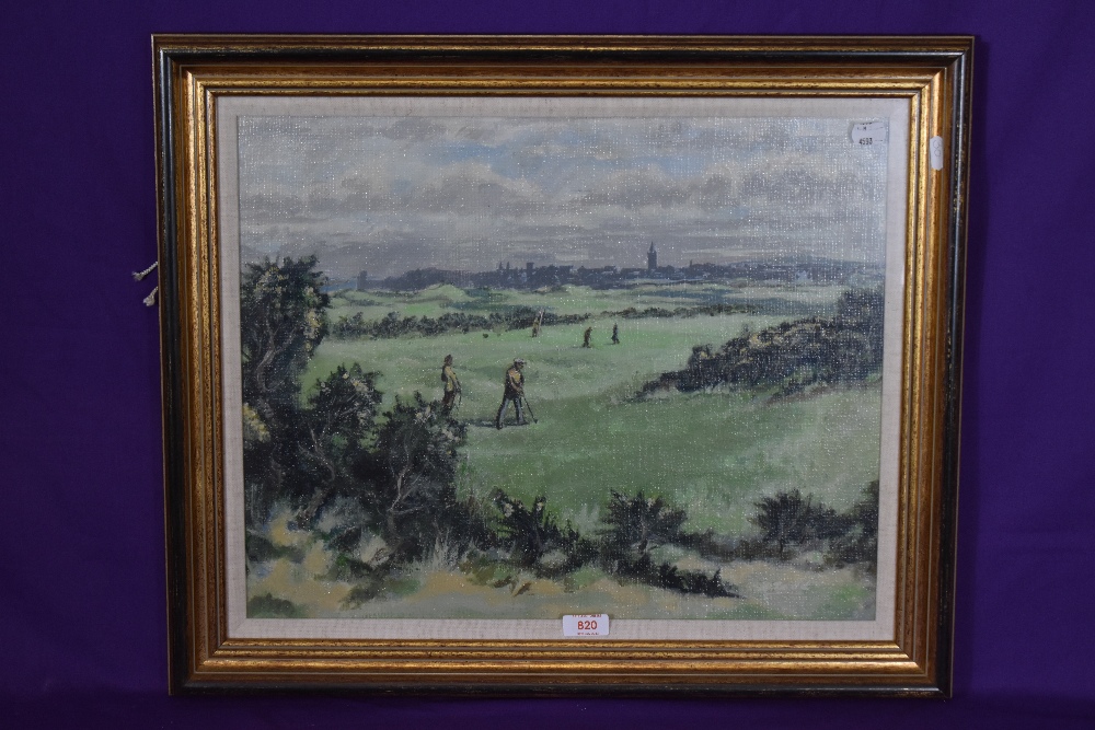 R.Todd (20th Century, Scottish), oil on canvas mounted on board, A golfing scene with a town skyline - Image 2 of 4