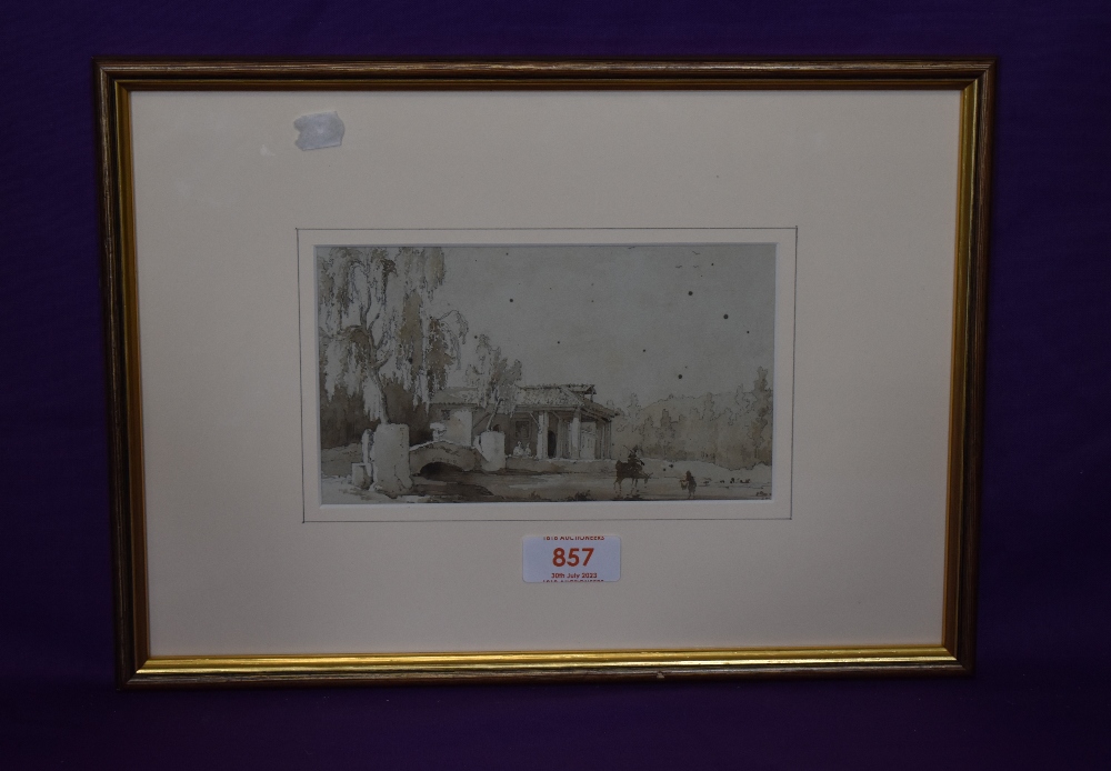 A 19th century pencil and watercolour sketch, a Continental rural dwelling with figures to the - Image 2 of 3