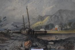 19th Century British School, watercolour, a rural estuary scene with horse and cart beside a