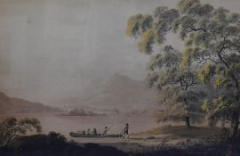 English School, 18th/19th Century, mixed media, A boat arriving at a wooded shoreline with hills