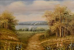Late 19th Century Continental School, oil on board, a path through woodland with colourful flowers