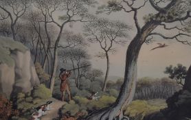 After Samuel Howitt (1756/7-1822), coloured prints, Four illustrations of French hunting scenes,