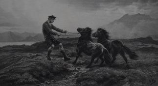 After Rosa Bonheur (1822-1899, French), monochrome etching, 'Highland Ponies', framed and under