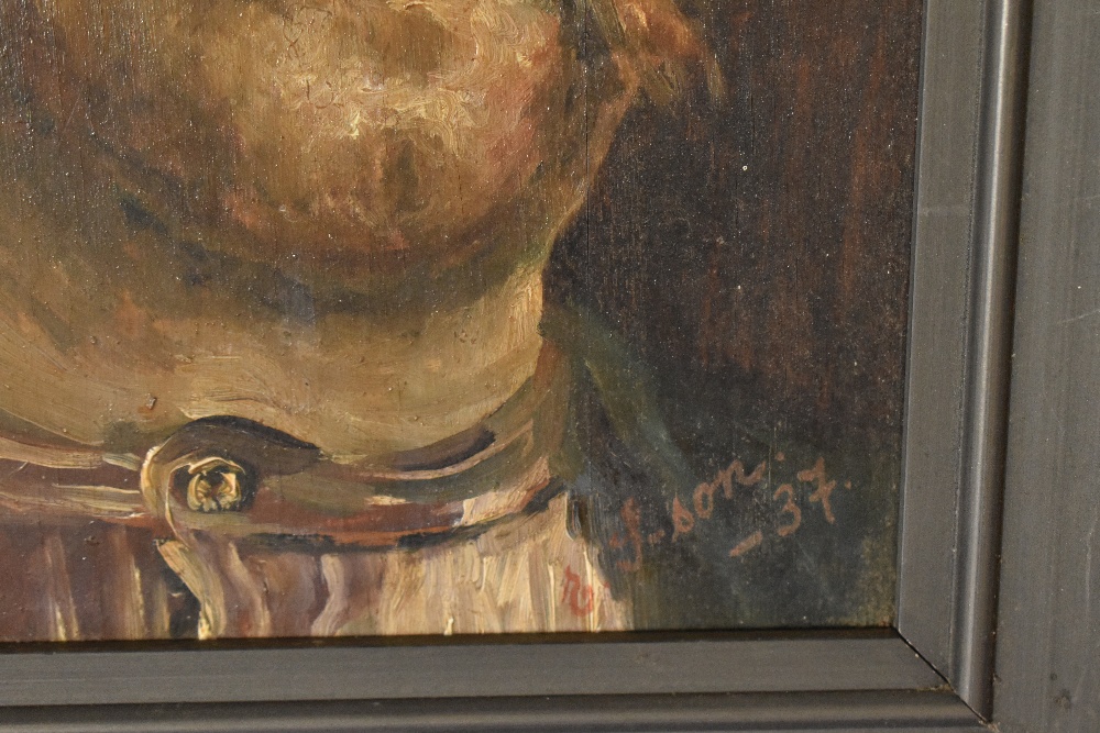 20th Century British School, oil on board, A portrait of a gentleman wearing a flatcap, indistinctly - Image 3 of 4