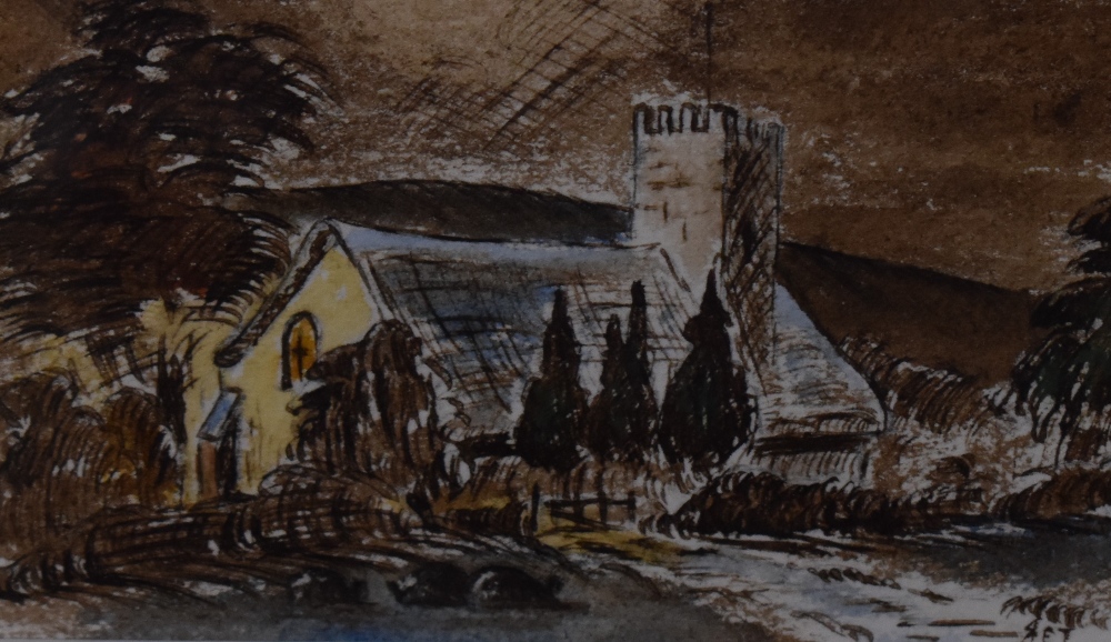 An early 20th century watercolour sketch, rural church scene, mounted and initialled A.E in pencil - Image 3 of 5