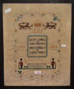 An early 20th Century needlework sampler, commemorating the Silver Jubilee of Their Majesties King