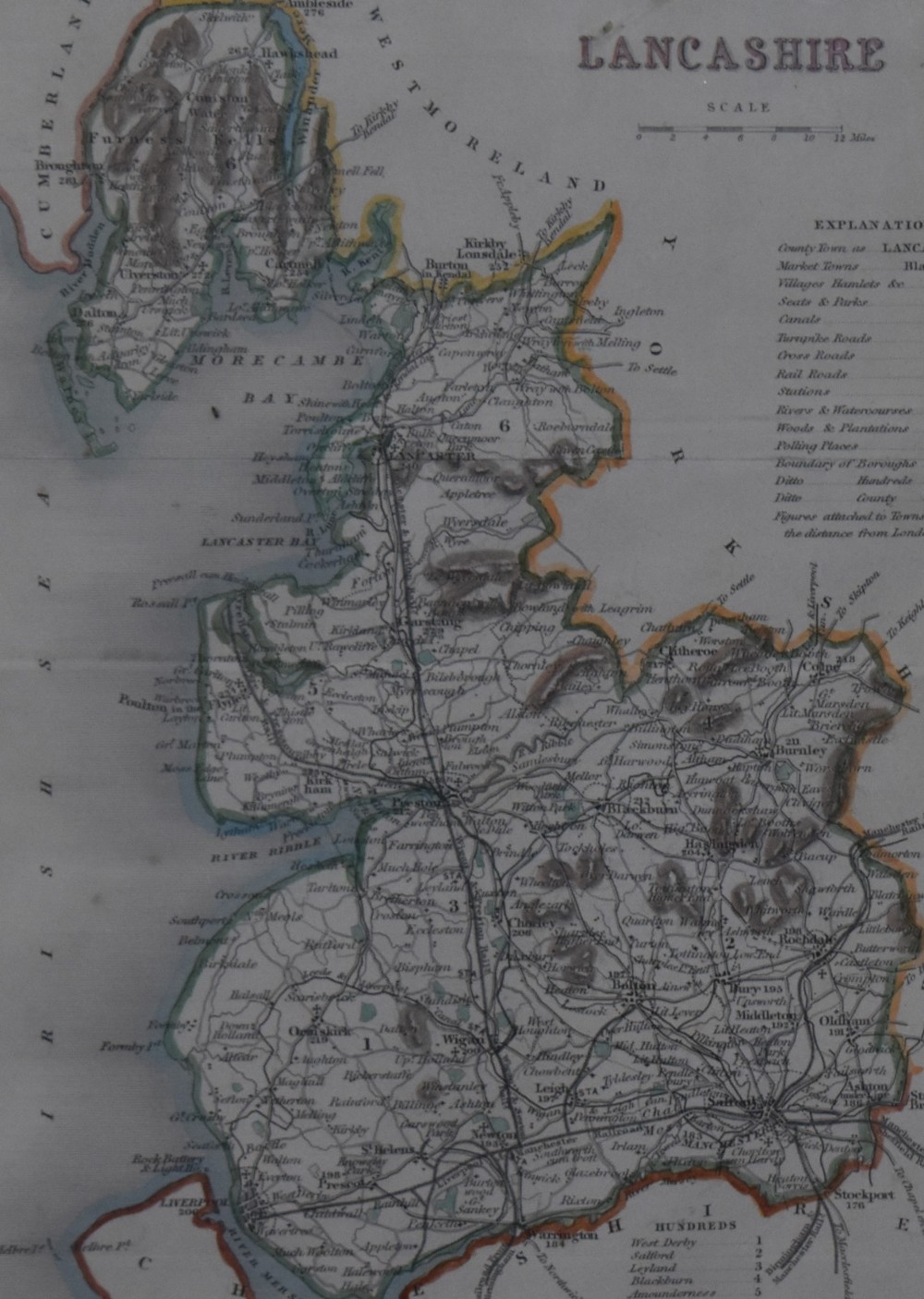 After Joshua Archer (fl.1841-65), a hand coloured map of the county of Lancashire with key