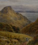 19th Century, British School, gouache, A mountain pass with seascape beyond and birds in flight