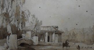 A 19th century pencil and watercolour sketch, a Continental rural dwelling with figures to the
