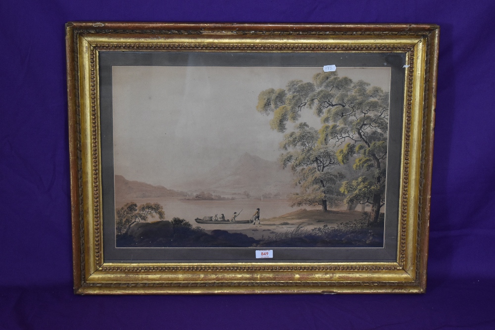 English School, 18th/19th Century, mixed media, A boat arriving at a wooded shoreline with hills - Image 2 of 3