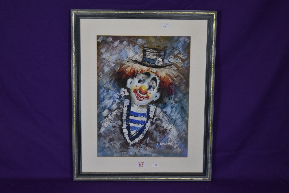 T. Denver (20th Century), acrylic, A contemporary portrait of a friendly clown, signed to the - Image 2 of 3