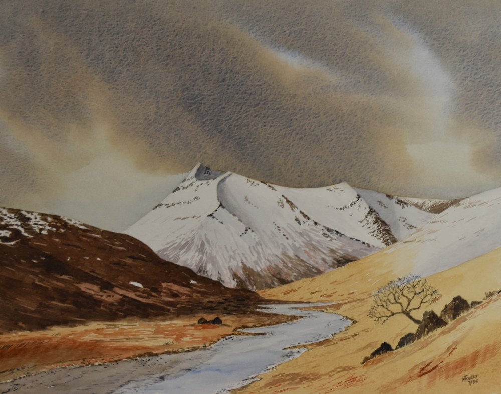 P.T Kelly (20th Century, British), watercolour, 'Beinn Fhada, Glen Affric', A winter landscape of