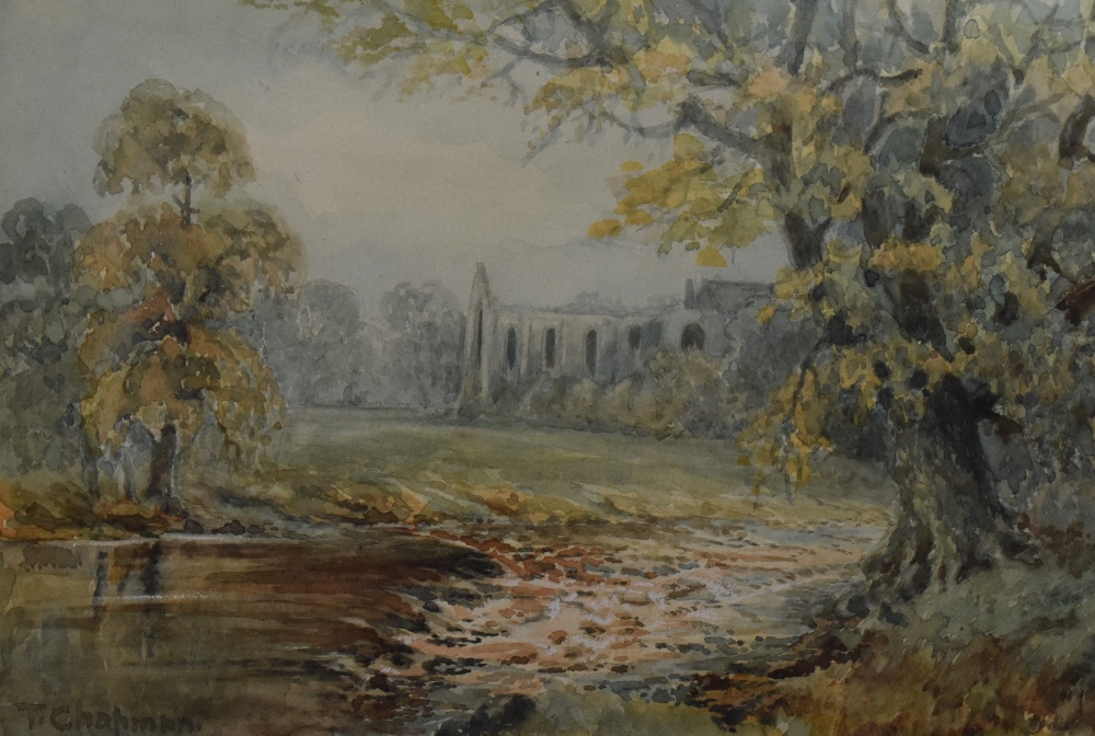 T.Chapman (20th Century, British), watercolour, two pastoral landscape depicting abbey ruins - Image 3 of 5