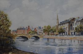 Cyril Pilgrim (British 1920-2013) watercolours, river scene with bridge, Swan Hotel and church