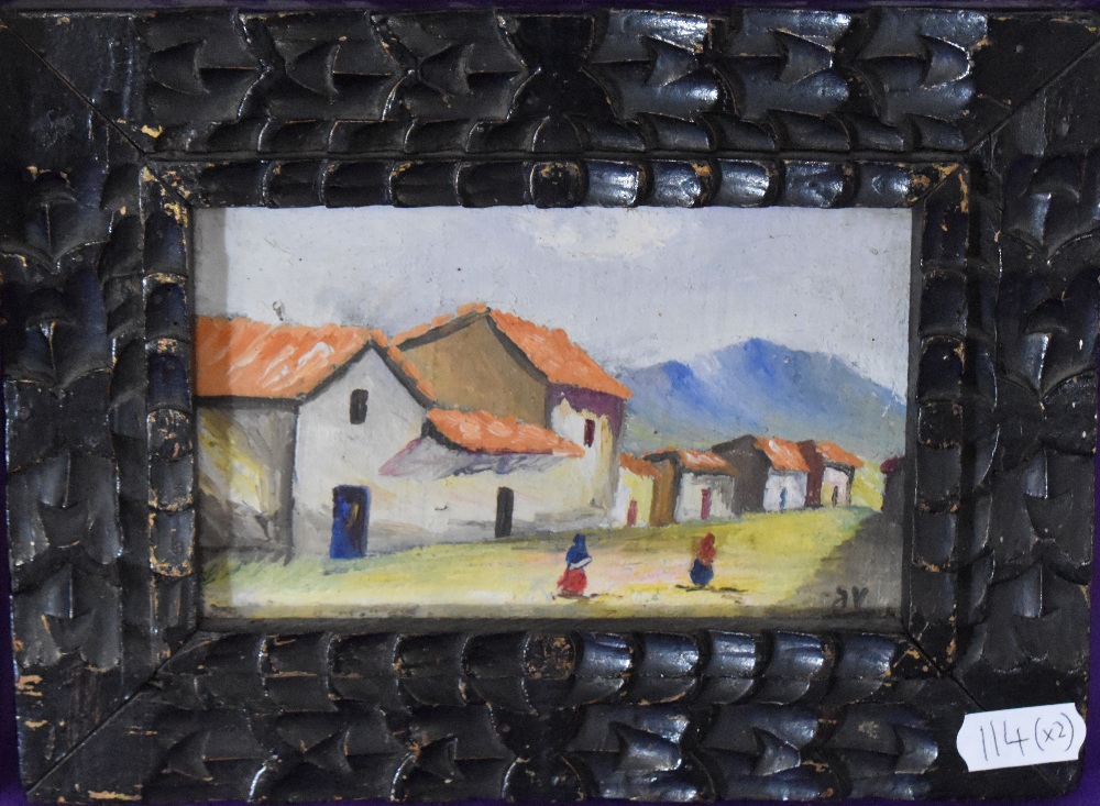 Peruvian School, early 20th Century, oil on board, A native and his llama sitting by a glacial - Image 3 of 5