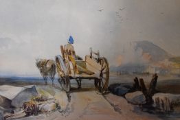 Artist Unknown, 19th Century, watercolour, 'Beach Scene', a horse and cart heading towards the coast