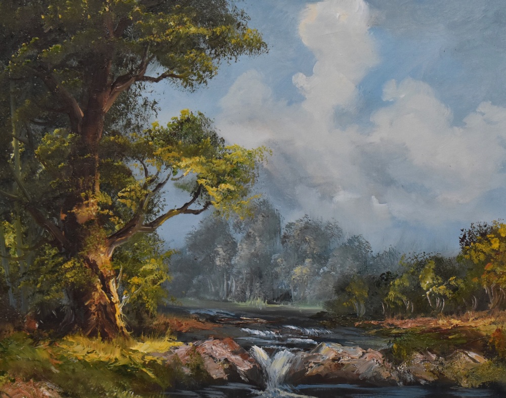 British School, oil on canvas, An attractive landscape depicting a river flowing over rocks within a