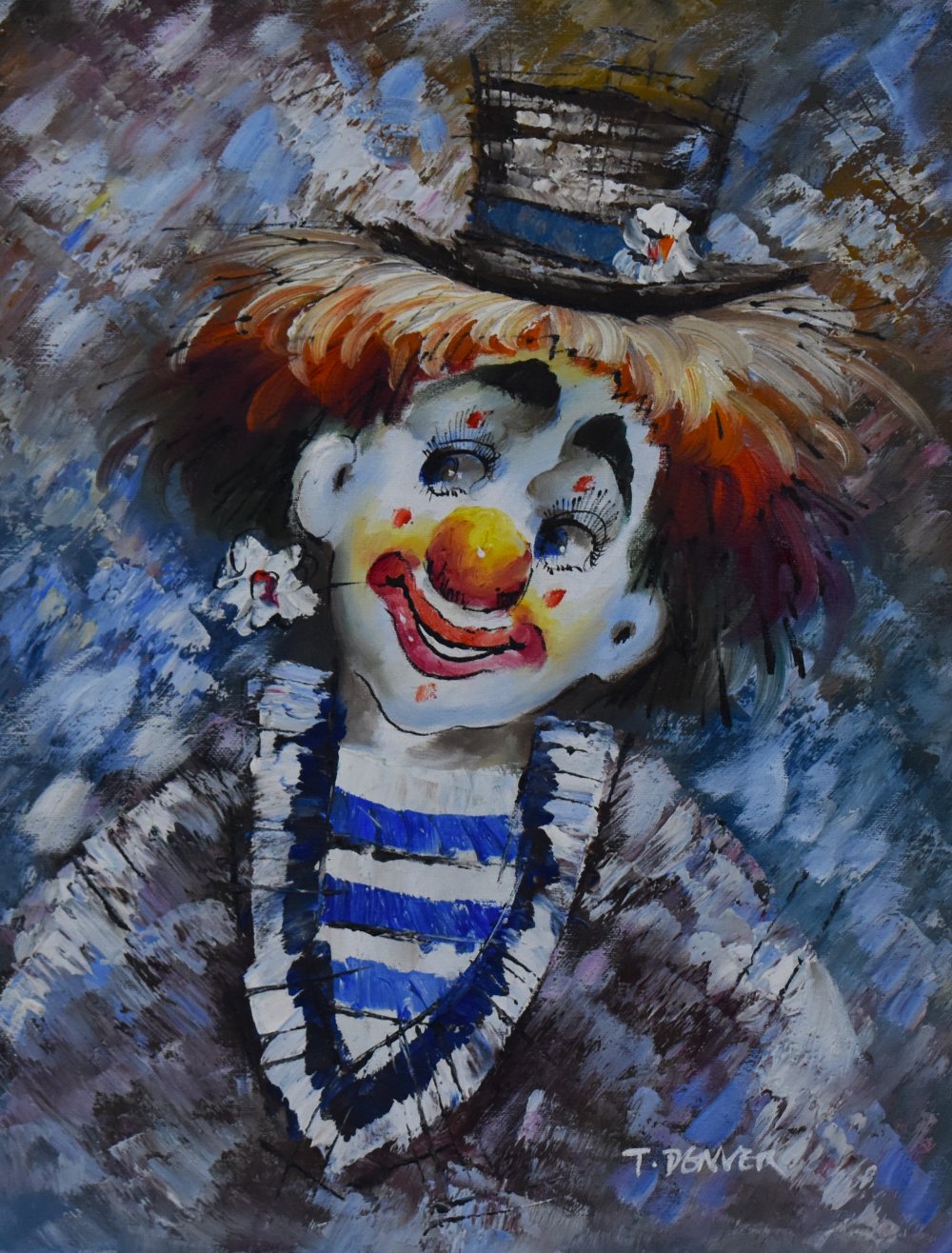 T. Denver (20th Century), acrylic, A contemporary portrait of a friendly clown, signed to the