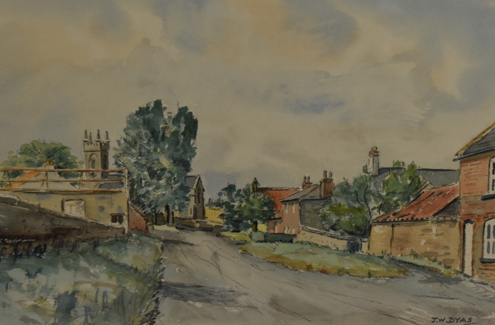 James W. Dyas (20th Century British School), watercolour, A village scene with a row of houses to