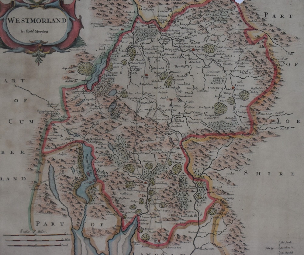 After Robert Morden (1650-1703), a hand coloured map of Westmorland, the title displayed in a