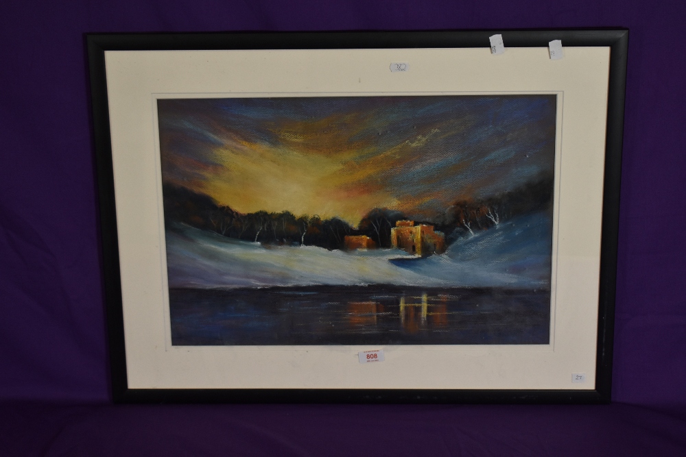 After Les Darlow (20th Century British), pastel, Brougham Castle, a winter landscape at night with - Image 2 of 3