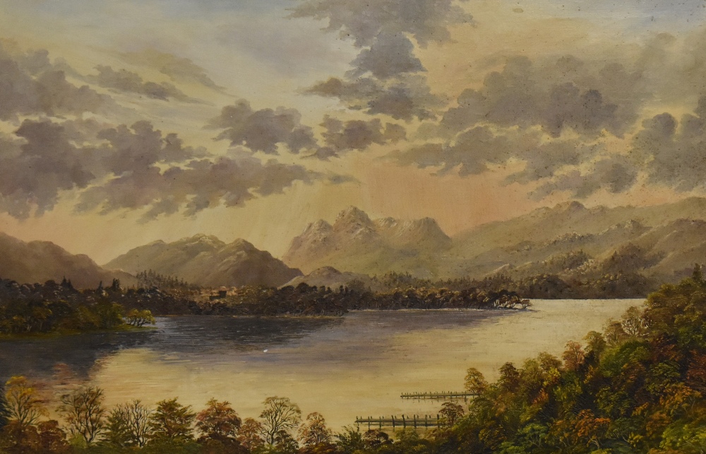 Attributed to Eric Cottam (British 1936-2015) oil on canvas 'Sunset over Windermere' partial