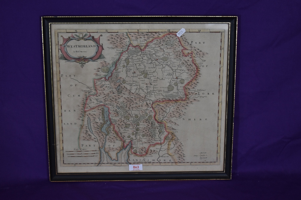 After Robert Morden (1650-1703), a hand coloured map of Westmorland, the title displayed in a - Image 2 of 3
