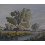 Charles G Johnson (British 1902-1983) oil on board, rural river scene, in pleasing pastel tones,