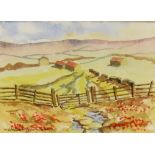 Walter Richards (British School 20th Century), watercolour, a naive depiction of farmland with fence