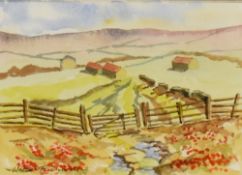 Walter Richards (British School 20th Century), watercolour, a naive depiction of farmland with fence