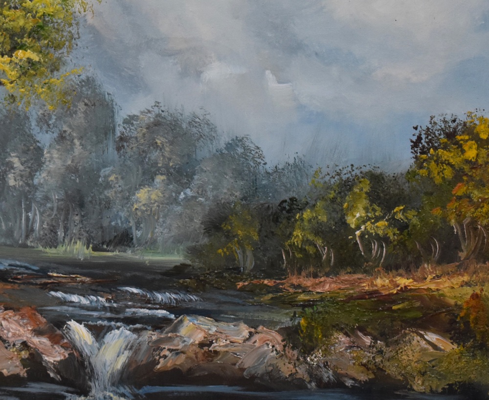 British School, oil on canvas, An attractive landscape depicting a river flowing over rocks within a - Image 3 of 4