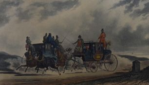 A group of four 19th century coloured engravings of horse drawn coach scenes, to comprise '